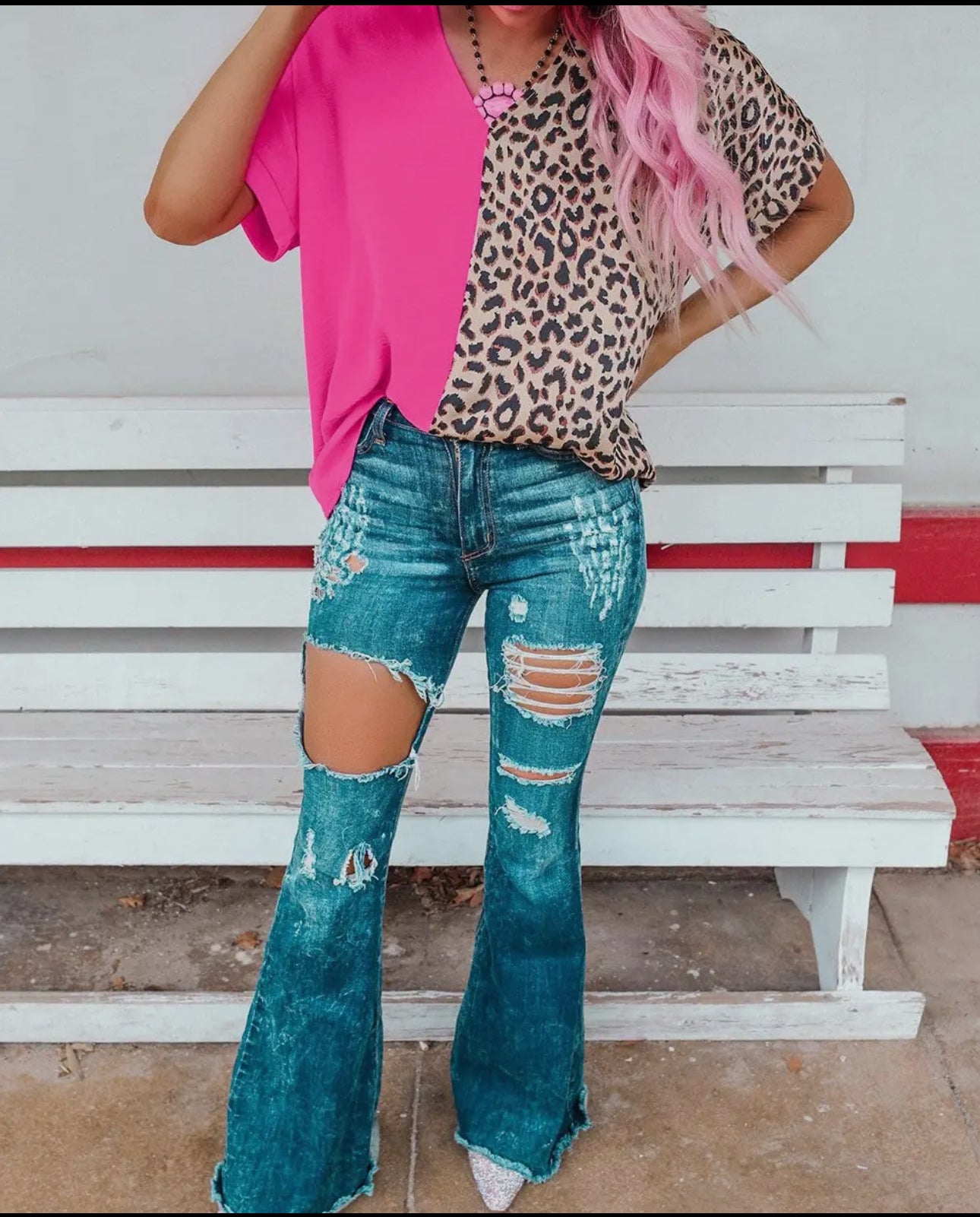 Contrast Pink & Leopard Colorblock V Neck Top Short Sleeve Shirt