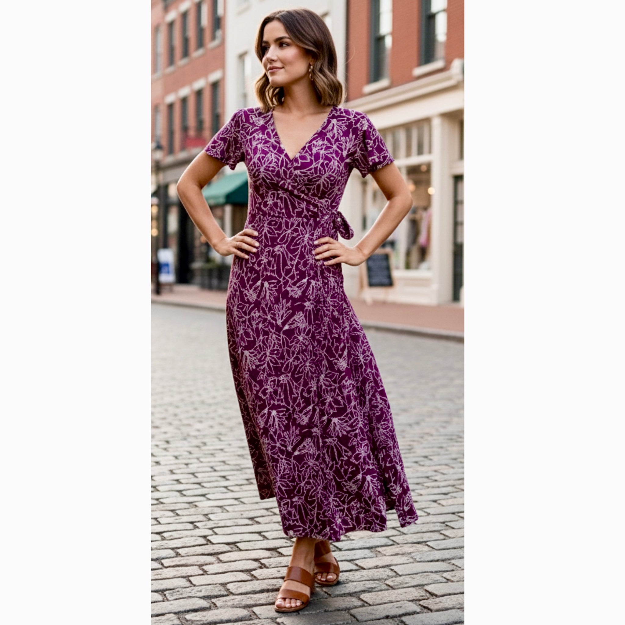 FORTUNE & IVY Stitch Fix Stretchy Knit Maxi Dress Short Sleeve Faux Wrap