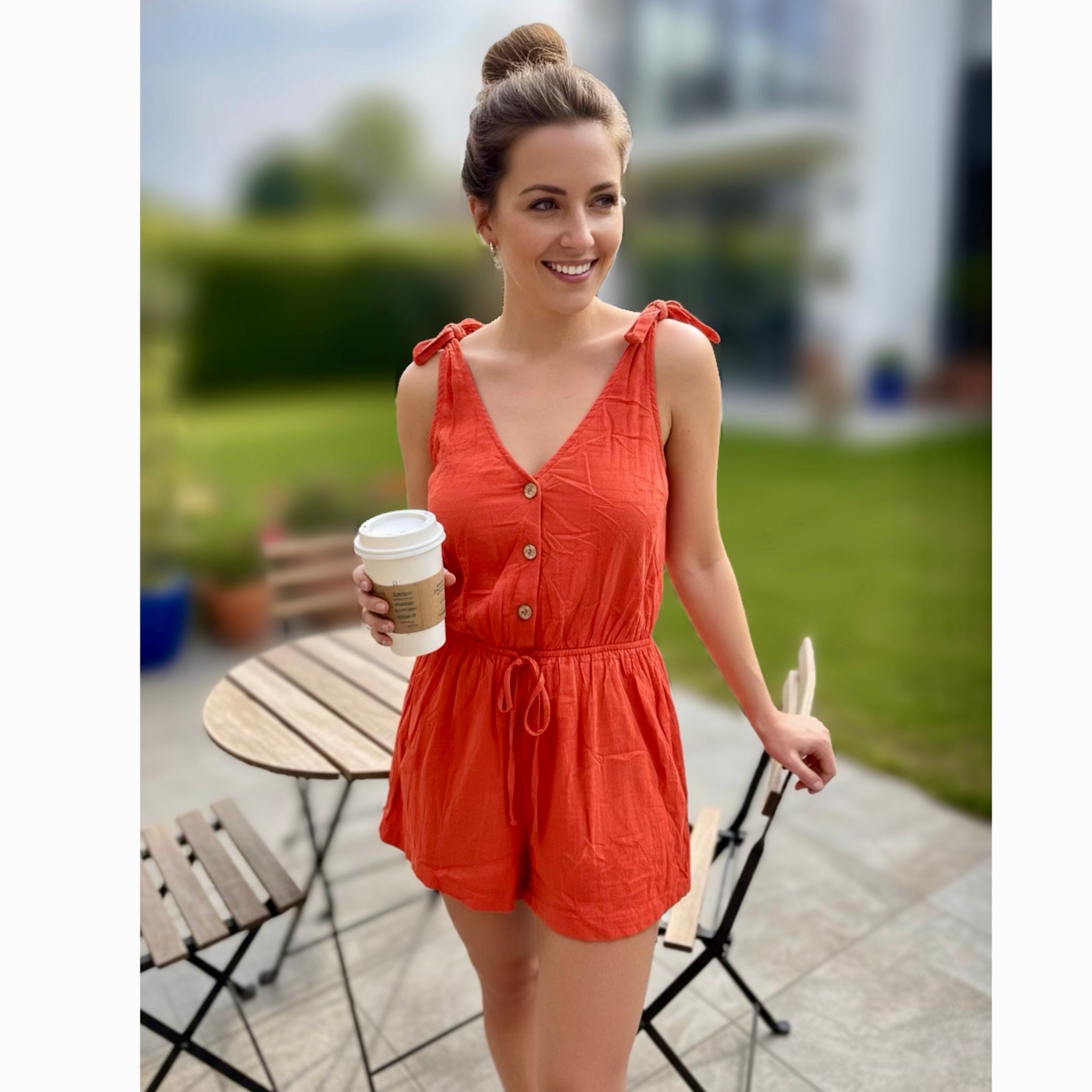 Cotton Shoulder Tie Romper Button Accents in Boho Orange