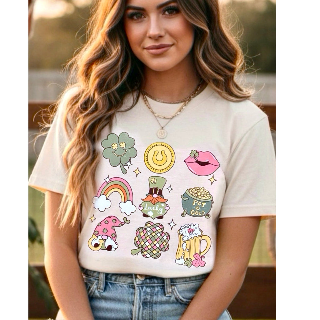 ST PATRICKS Shirt Gnome Lucky Retro Graphic Tee Trendy Boho in Cream