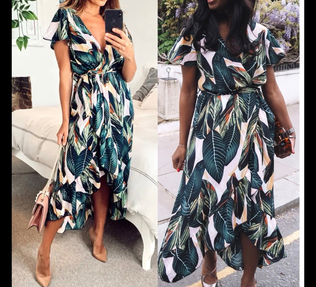 LA SOUL Tropical Leaf Print Faux Wrap Dress Midi Short Sleeve Tie Belt