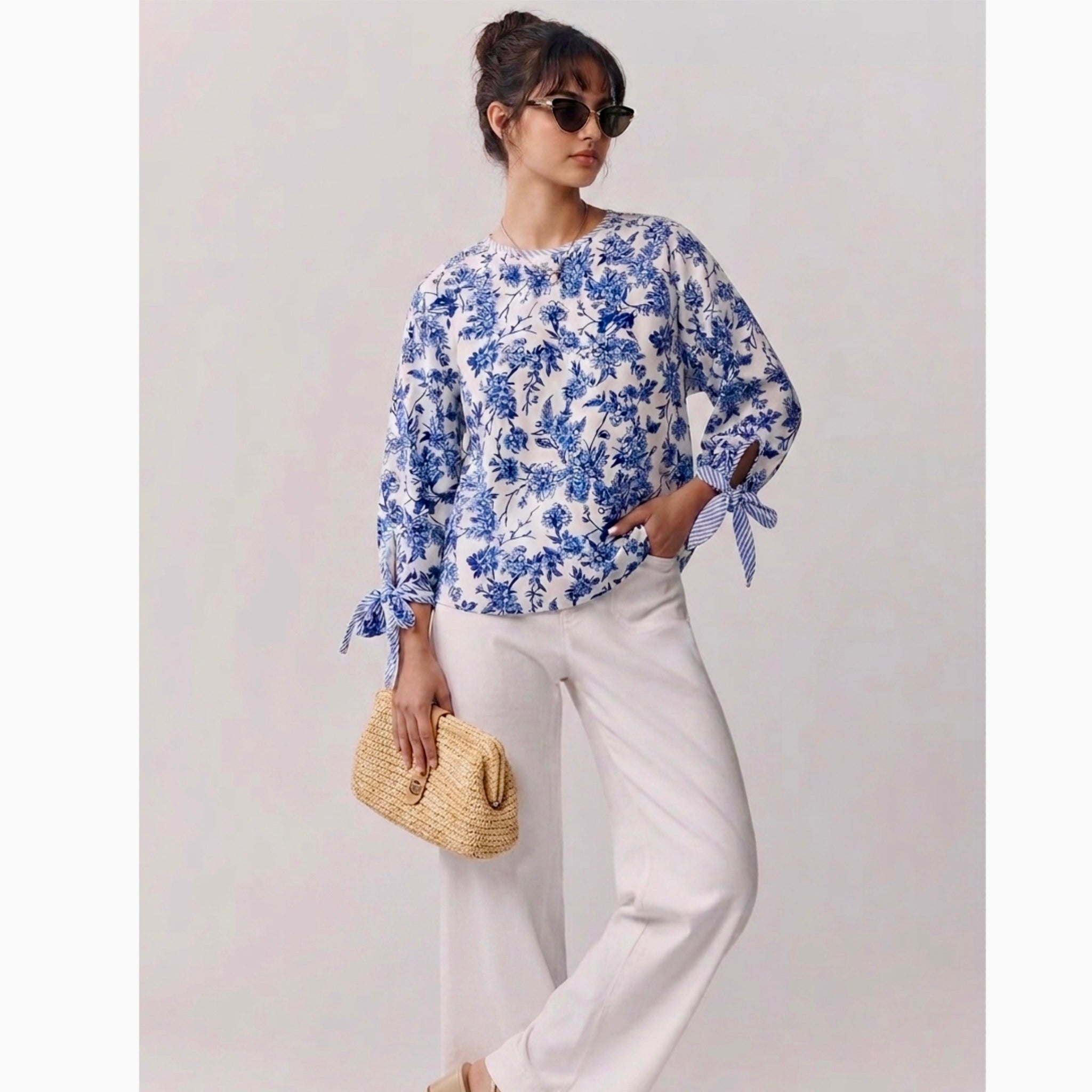 Coastal Chic Vintage Floral Print Blouse with Bow Sleeves Navy & Ivory