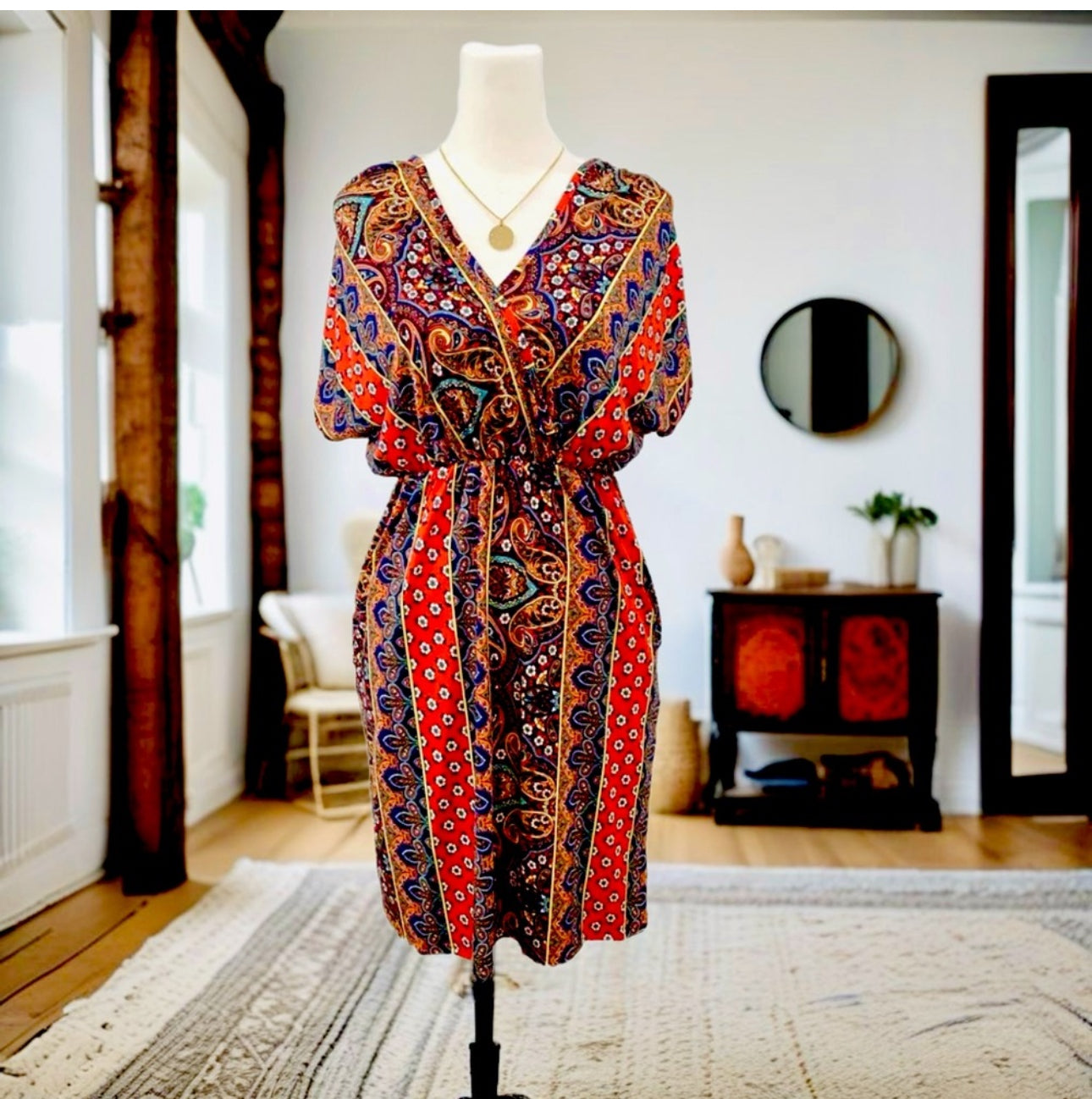 HAPTICS By HOLLY HARPER Sunset Orange Boho Paisley V Neck Dress S, M, L