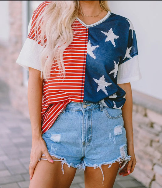 Stars and Stripes Loose Knit Comfort Top Short Sleeve Summer Shirt