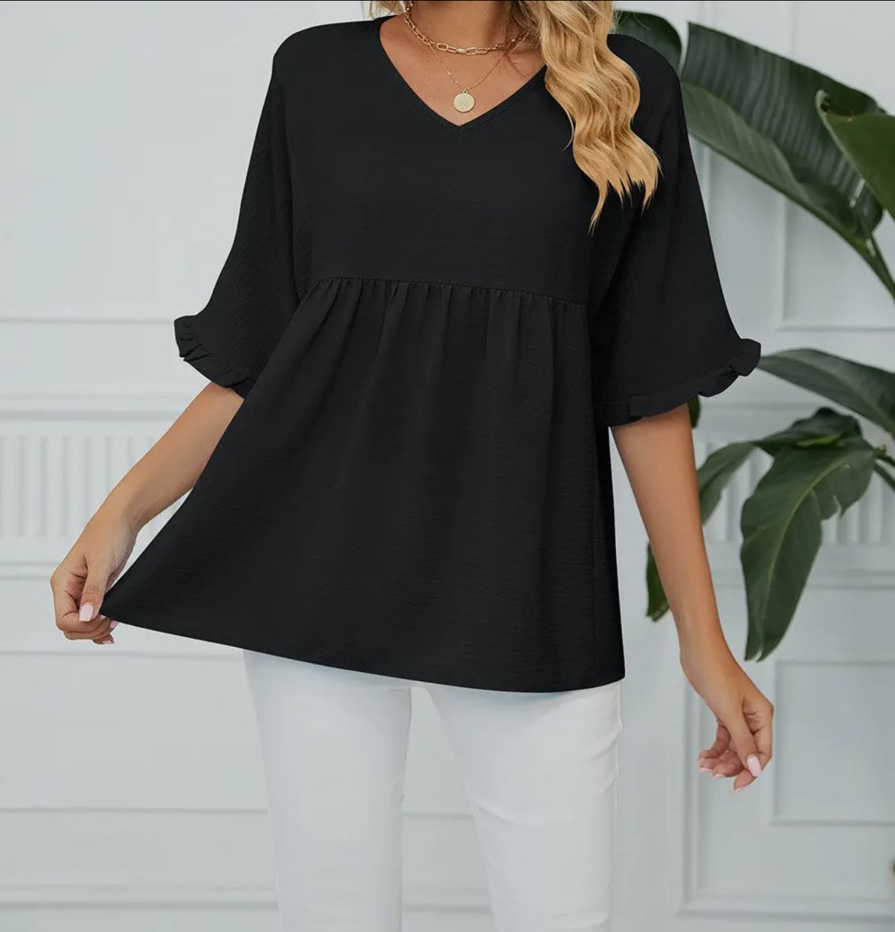 Textured Ruffle Gathered Top Short Sleeve V Neck