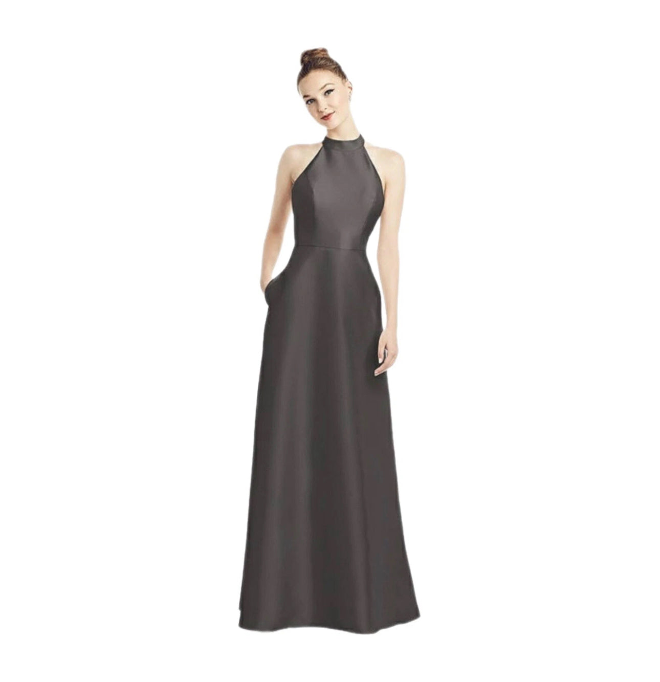ALFRED SUNG Gown Halter Dress Caviar Gray Satin Twill Pockets