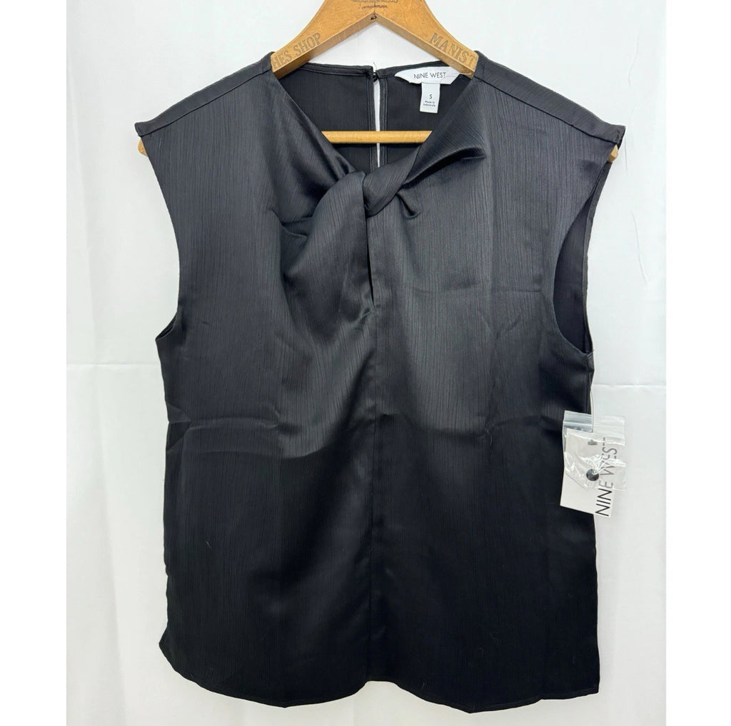 NINE WEST Women’s Twist Front Blouse Mineral Black Sleeveless Shirt