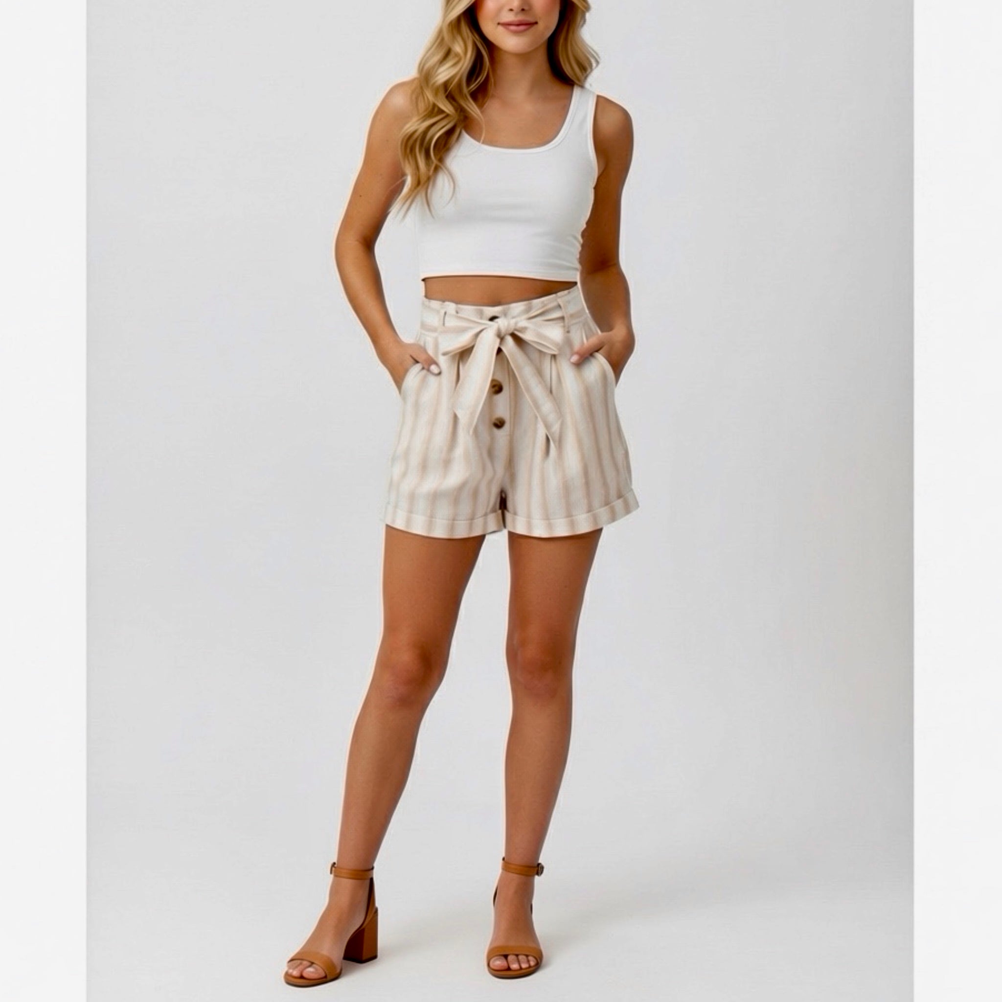 Apricot Stripe Tie Waist Pocketed Shorts Cotton Women’s High Rise