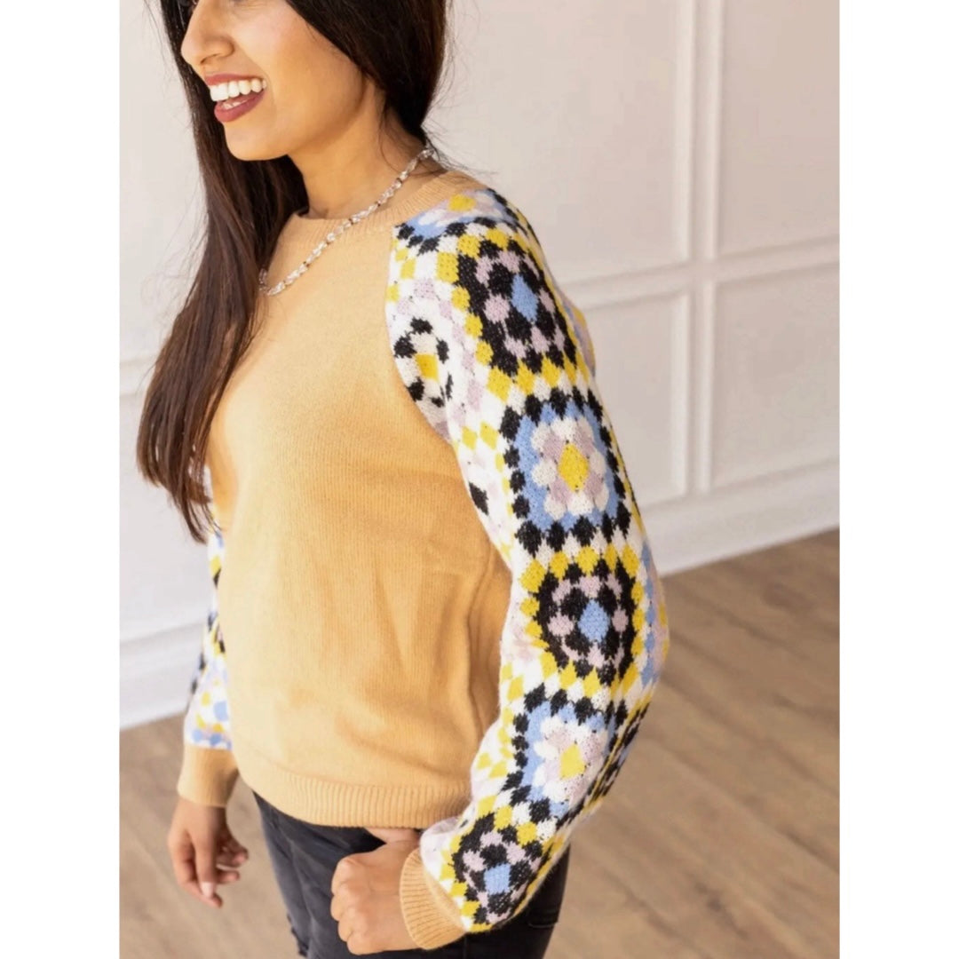 SOUTHERN GRACE Enchanting Crochet Sleeve Yellow Sweater