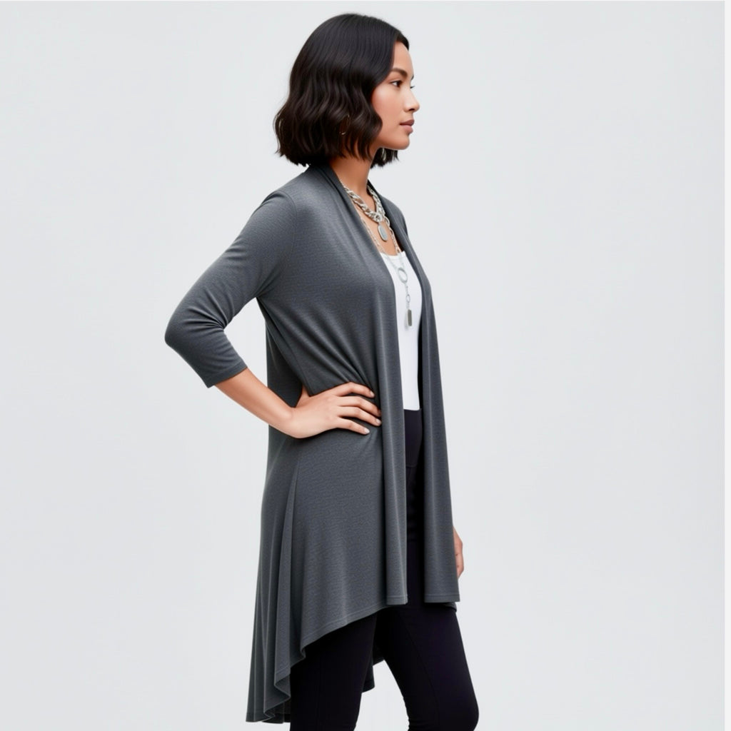 ReneeC. Bamboo Cardigan High Low Open Front Duster Made in USA in Charcoal Gray