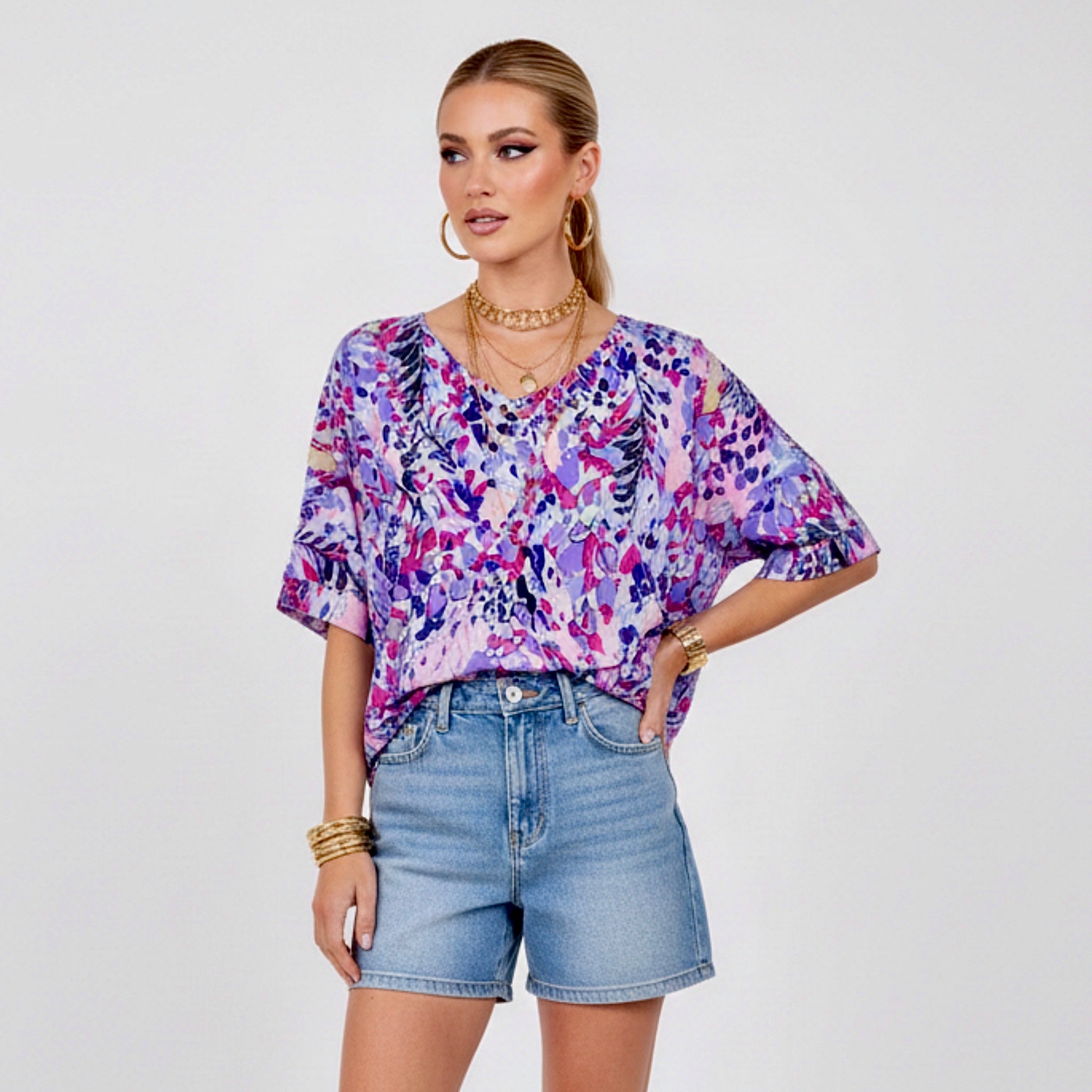 Pretty in Pink V Neck Short Sleeve Abstract Floral Top