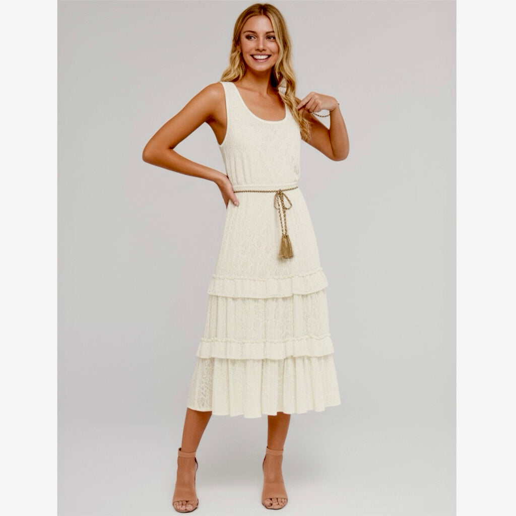KATE AND LILY Women’s Lace Boho Daydream Midi Dress Sleeveless Cream Ruffle