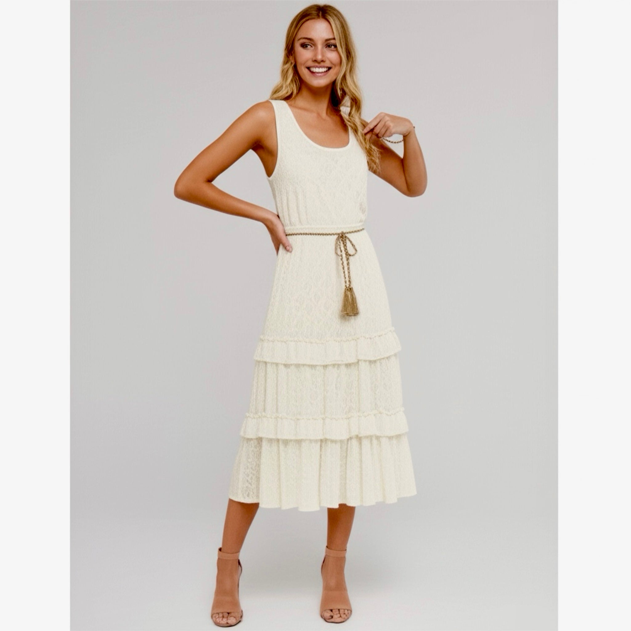 KATE AND LILY Women’s Lace Boho Daydream Midi Dress Sleeveless Cream Ruffle