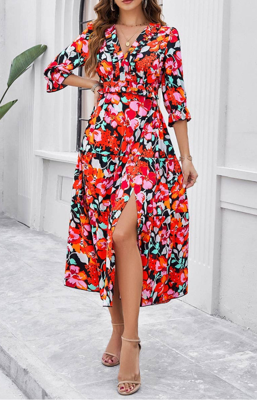 Floral Ruffle Trim A Line Dress Midi Length in Summer Berry Red