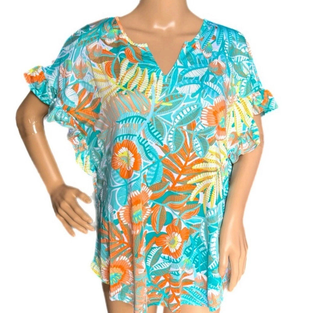 RUBY RD Tropical Floral Short Sleeve Blouse Flutter Sleeve Split Neck Top