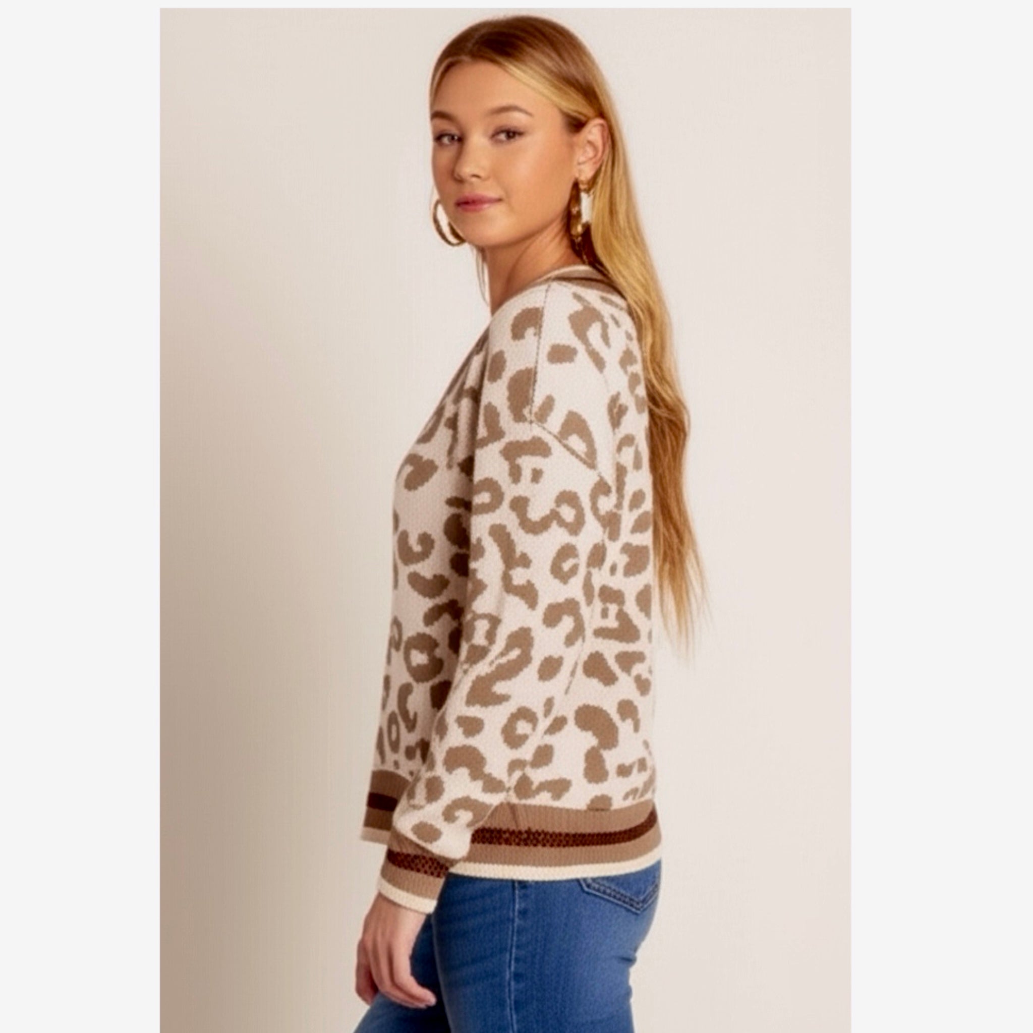 FUNKITRIBE Animal Print Light Knit V Neck Drop Shoulder Winter Sweater Sparkle Accents