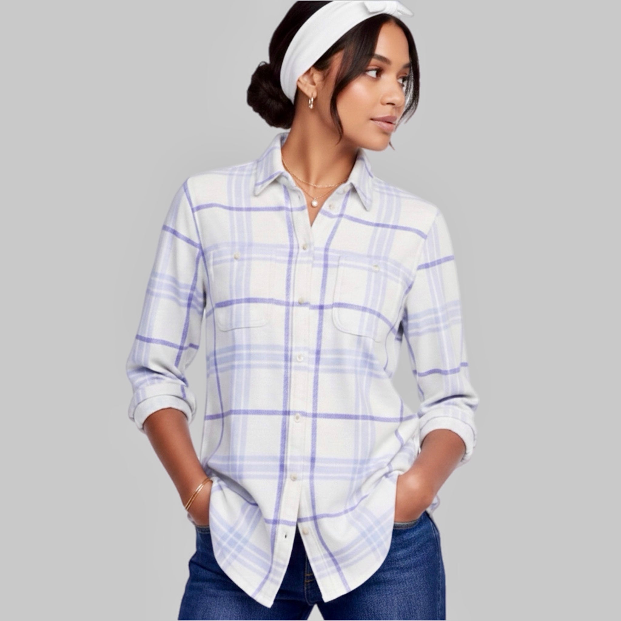 MARKET & SPRUCE EMILIE Knit Button Down Shirt Plaid Shirt in Light Gray