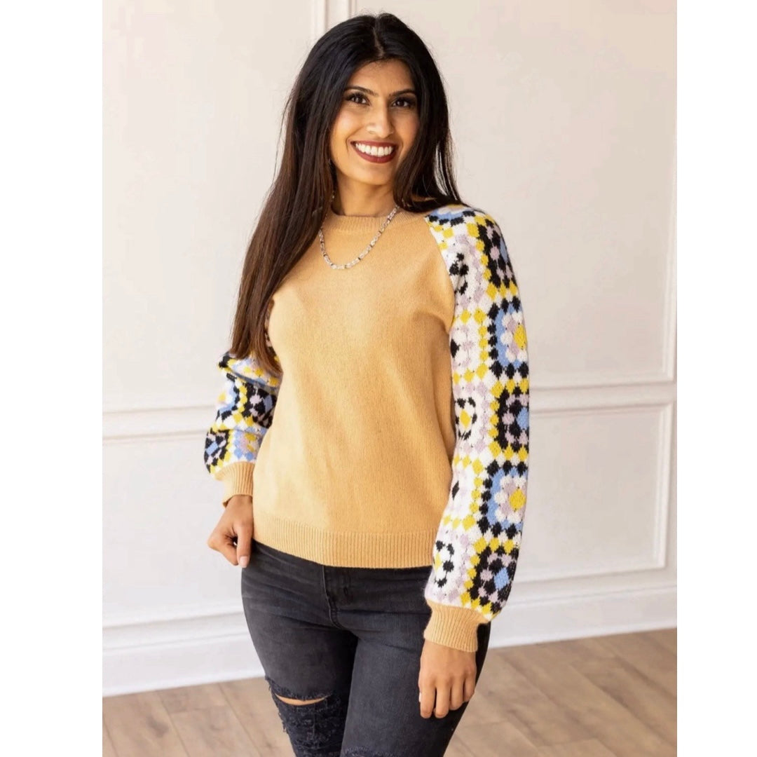 SOUTHERN GRACE Enchanting Crochet Sleeve Yellow Sweater