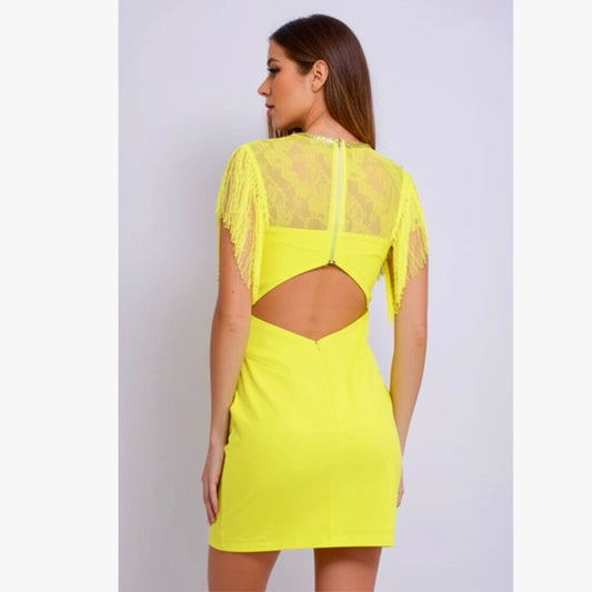 The Clothing Company Mini Dress Glam Yellow Embellished Fringe Lined S, M, L