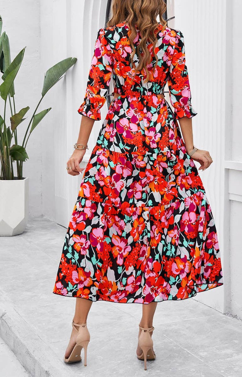 Floral Ruffle Trim A Line Dress Midi Length in Summer Berry Red