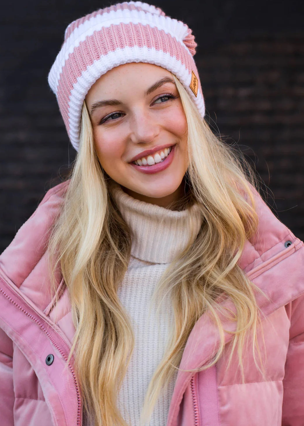 PANACHE Pink Blush & White Striped Slouchy Knit Beanie