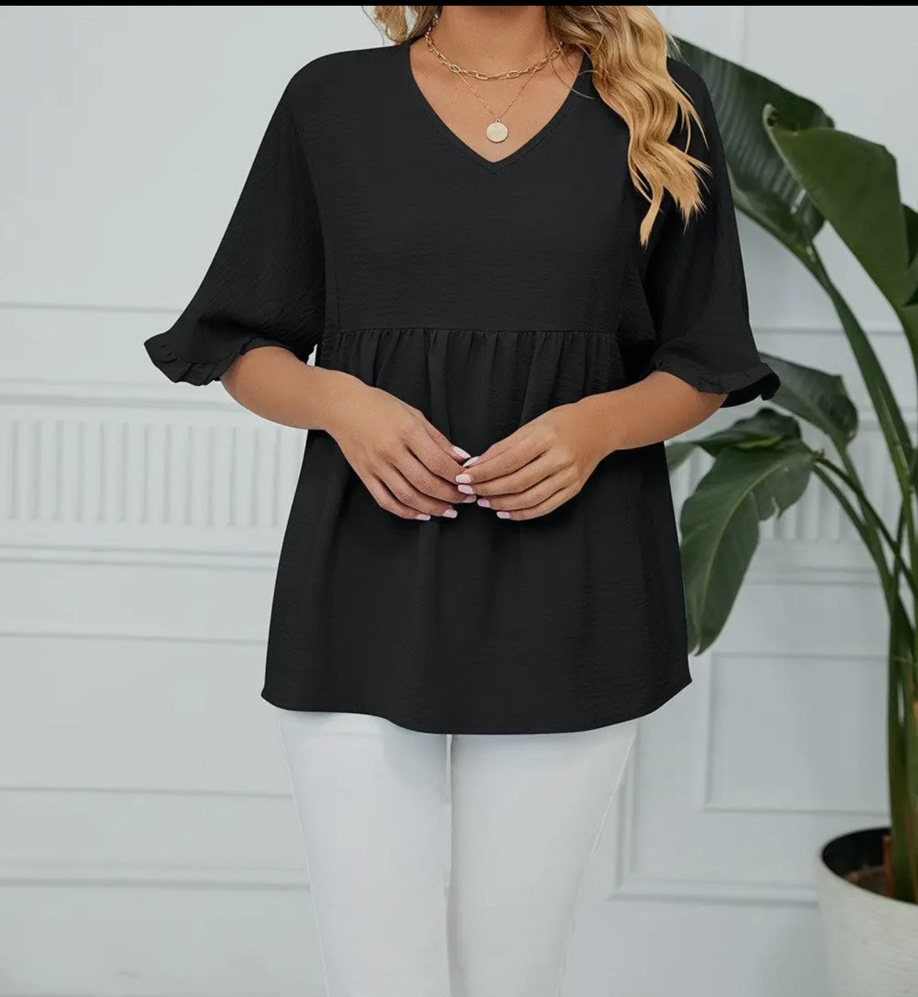 Textured Ruffle Gathered Top Short Sleeve V Neck