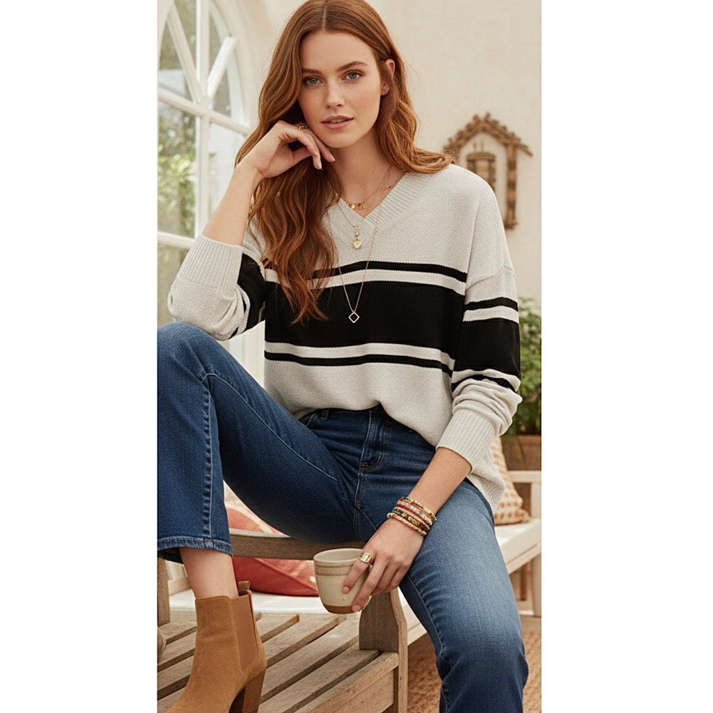 Sanctuary Stitch Fix Oversized Sweater Beige Big Black Stripe V Neck