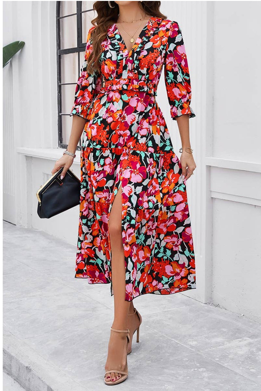 Floral Ruffle Trim A Line Dress Midi Length in Summer Berry Red