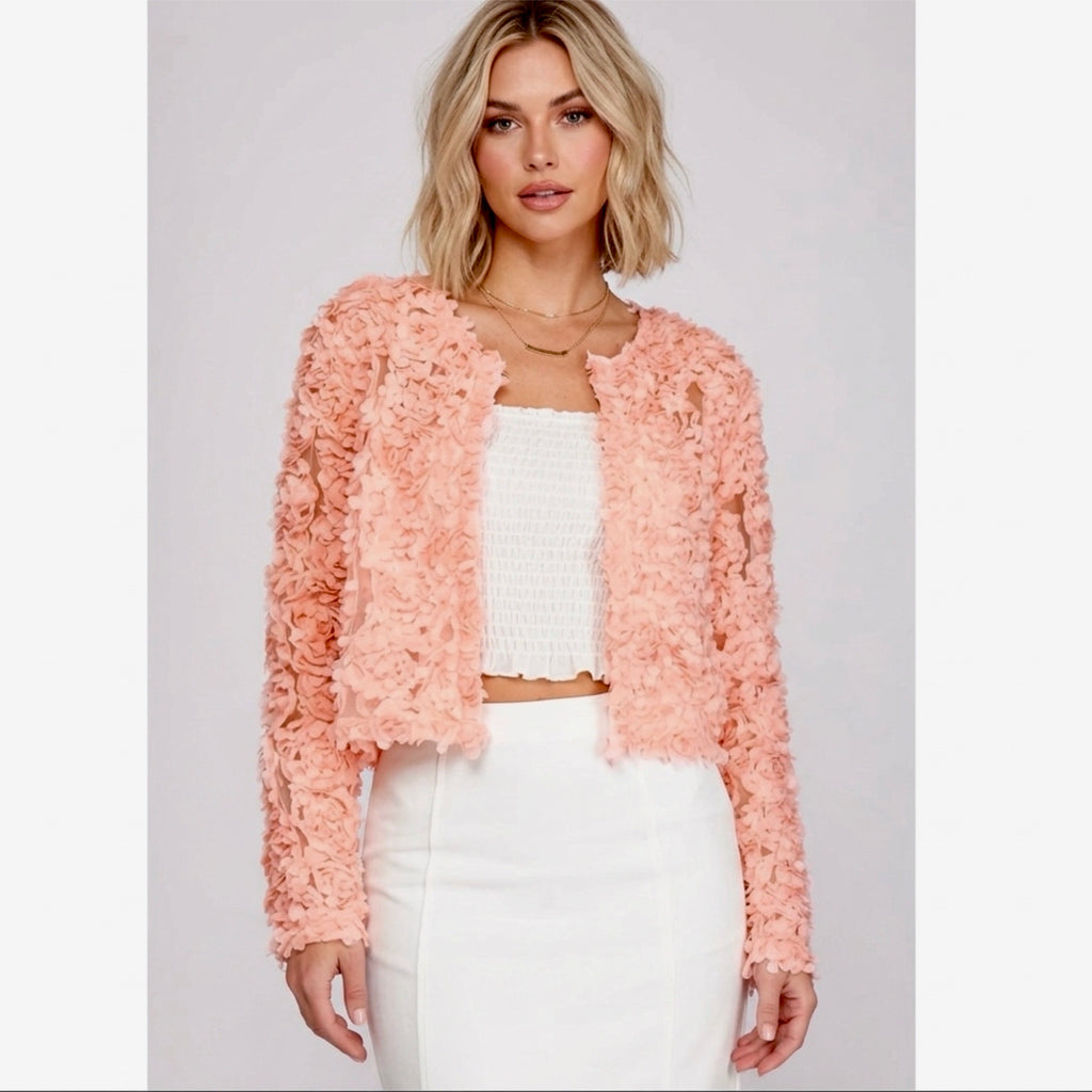 She + Sky Long Sleeve 3D Mesh Short Jacket Cardigan Flower appliqué in Pink
