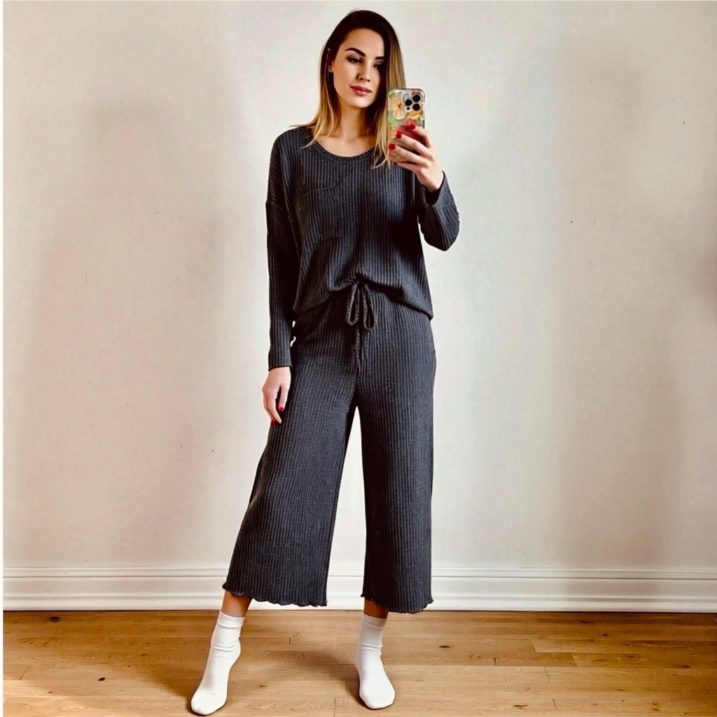 Elevate Your Loungewear: She + Sky Ribbed Knit Lounge Set in Charcoal