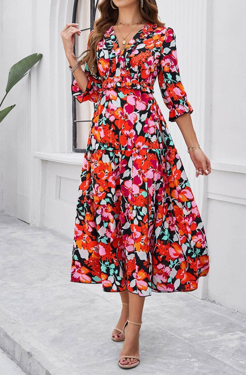 Floral Ruffle Trim A Line Dress Midi Length in Summer Berry Red