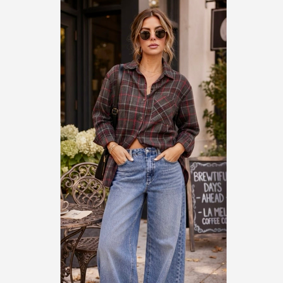 La Miel Plaid Oversized Shirt Gray Red Button Front Long Sleeve