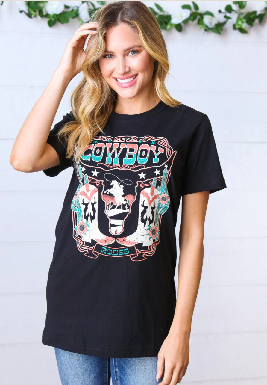 Black 100% Cotton Cowboy Longhorn Graphic T Shirt Round Neck