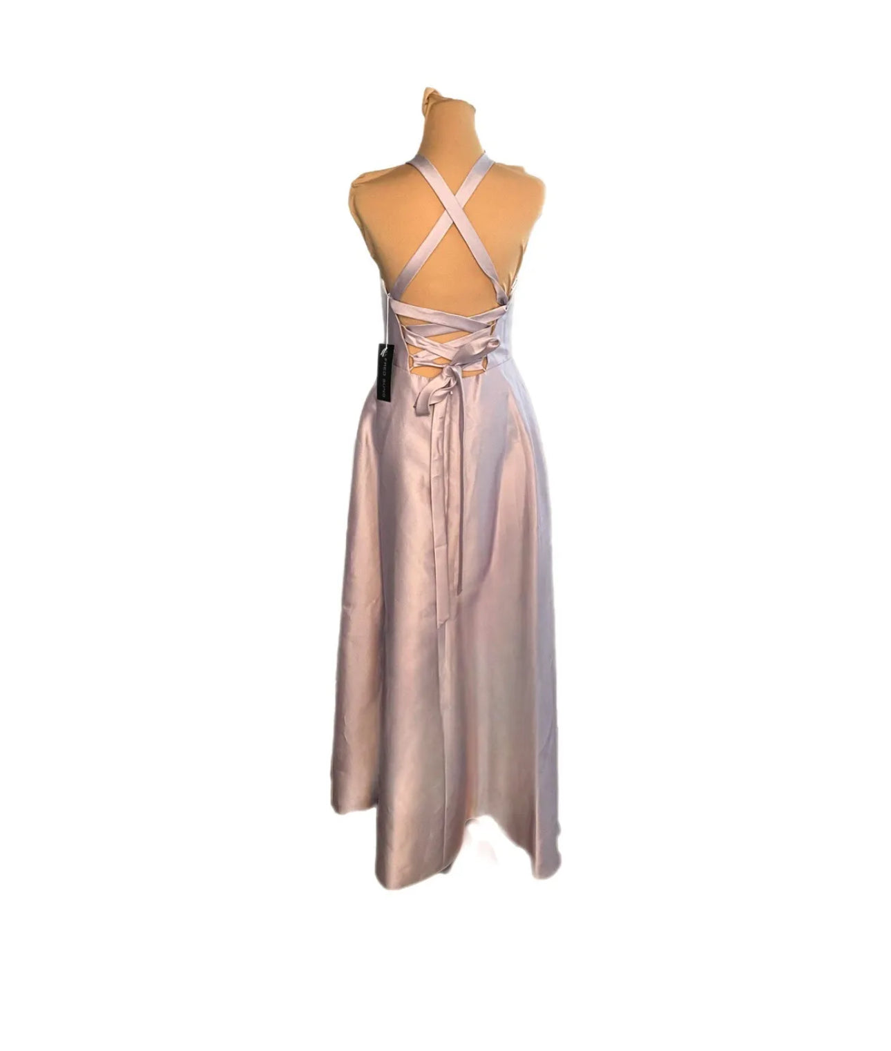 ALFRED SUNG Halter Neck Satin Dress D763 Moondance Crisscross Gown Sz 8