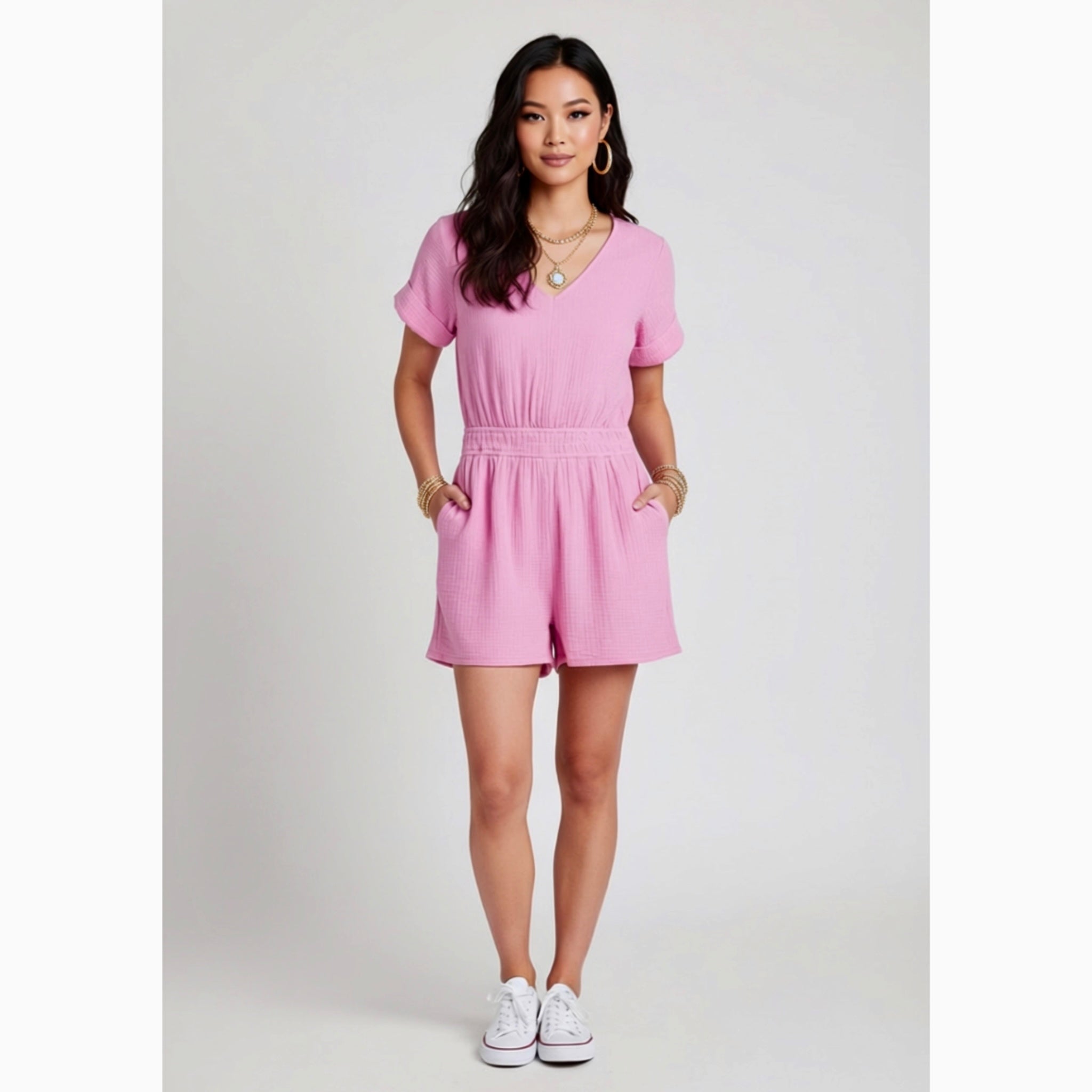 MARKET & SPRUCE Woven Cotton Romper Shorts Beachy Pink