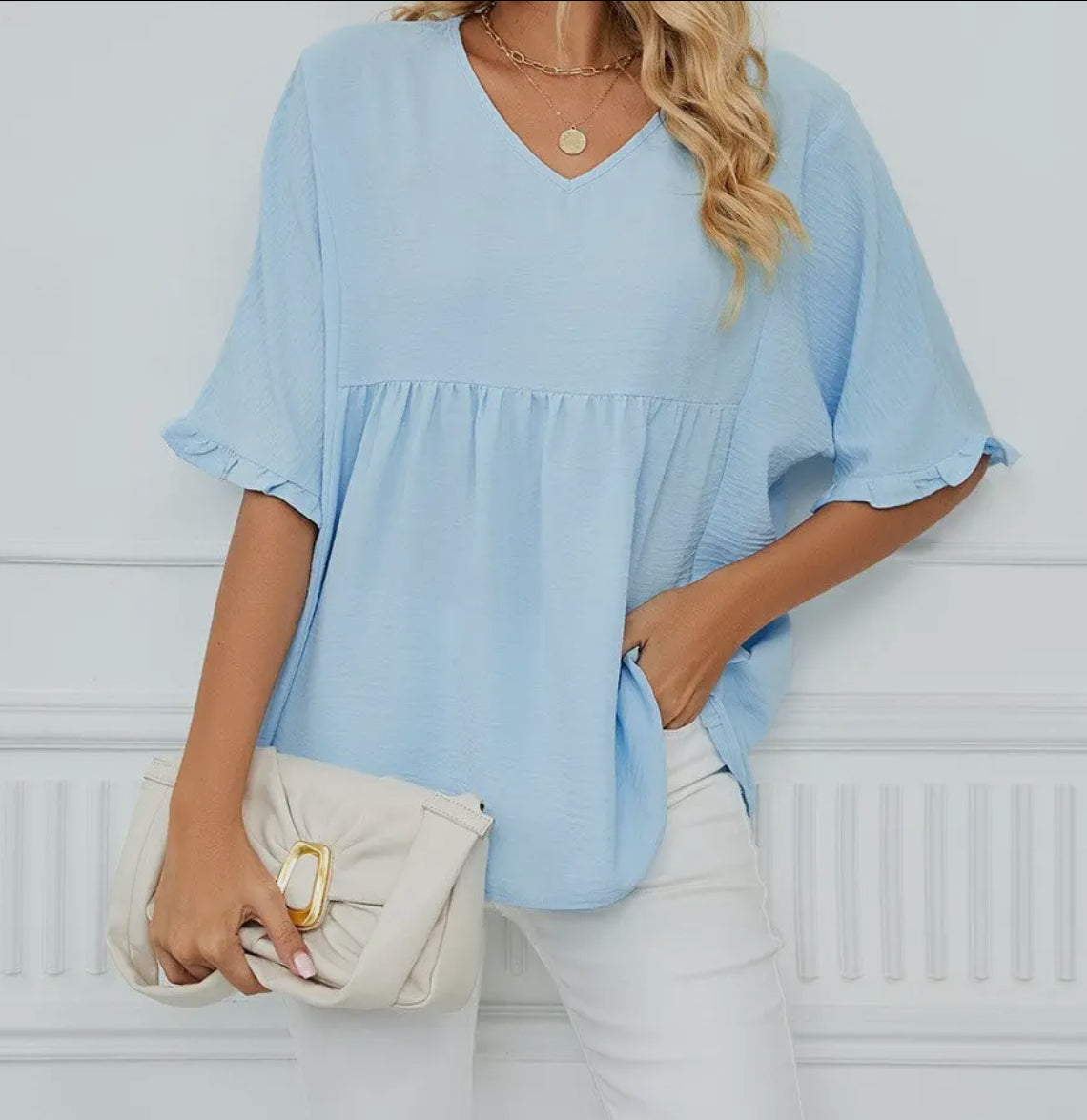 Textured Ruffle Gathered Top Short Sleeve V Neck