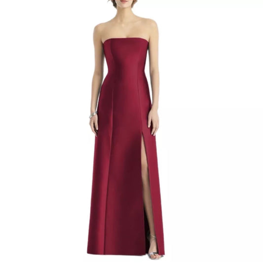 ALFRED SUNG Strapless Satin Gown Formal Dress Side Slit D764 Size 4 Burgundy