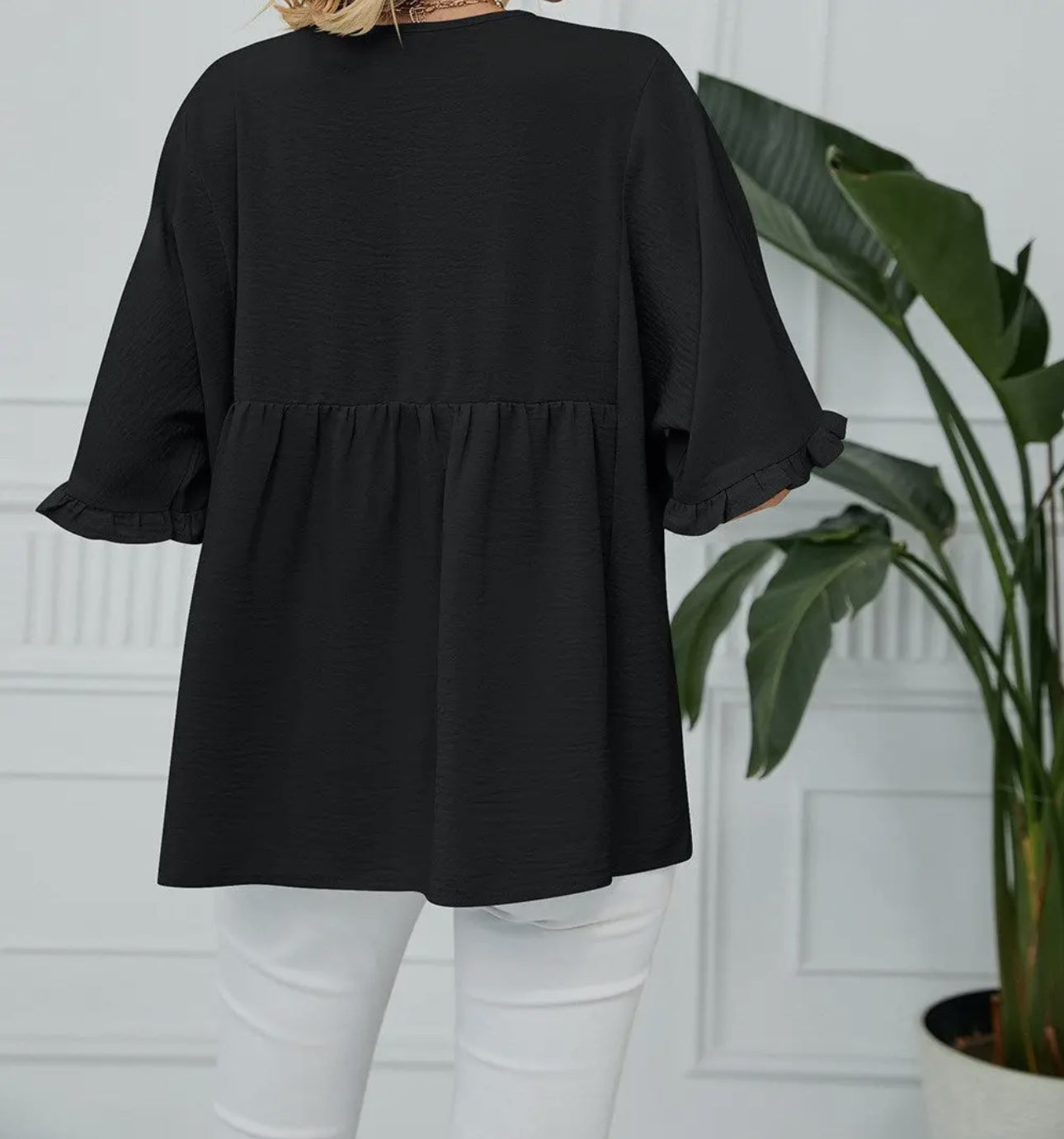 Textured Ruffle Gathered Top Short Sleeve V Neck