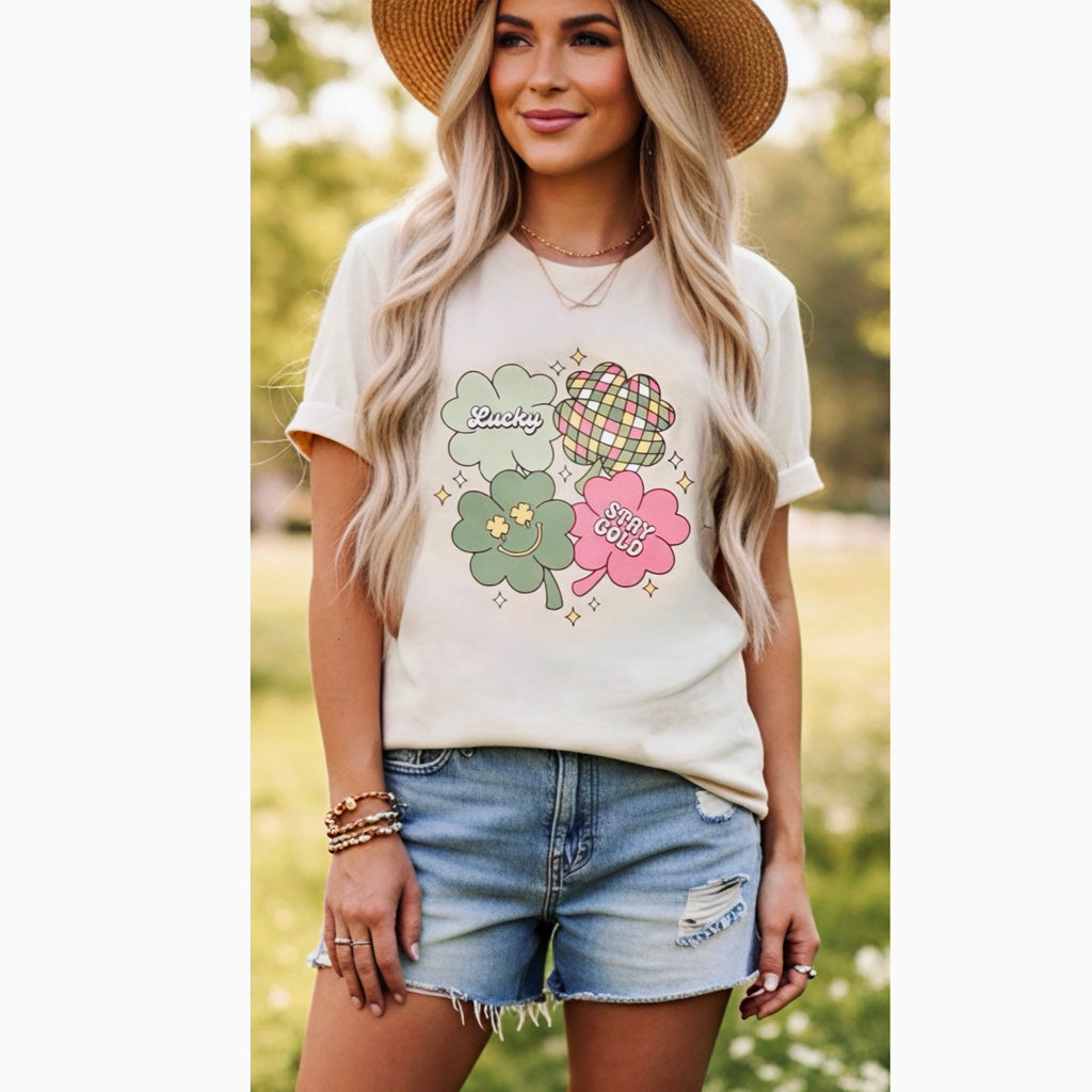 ST PATRICKS DAY “STAY GOLD” Lucky Clover Graphic T-Shirt Retro Tee Cream