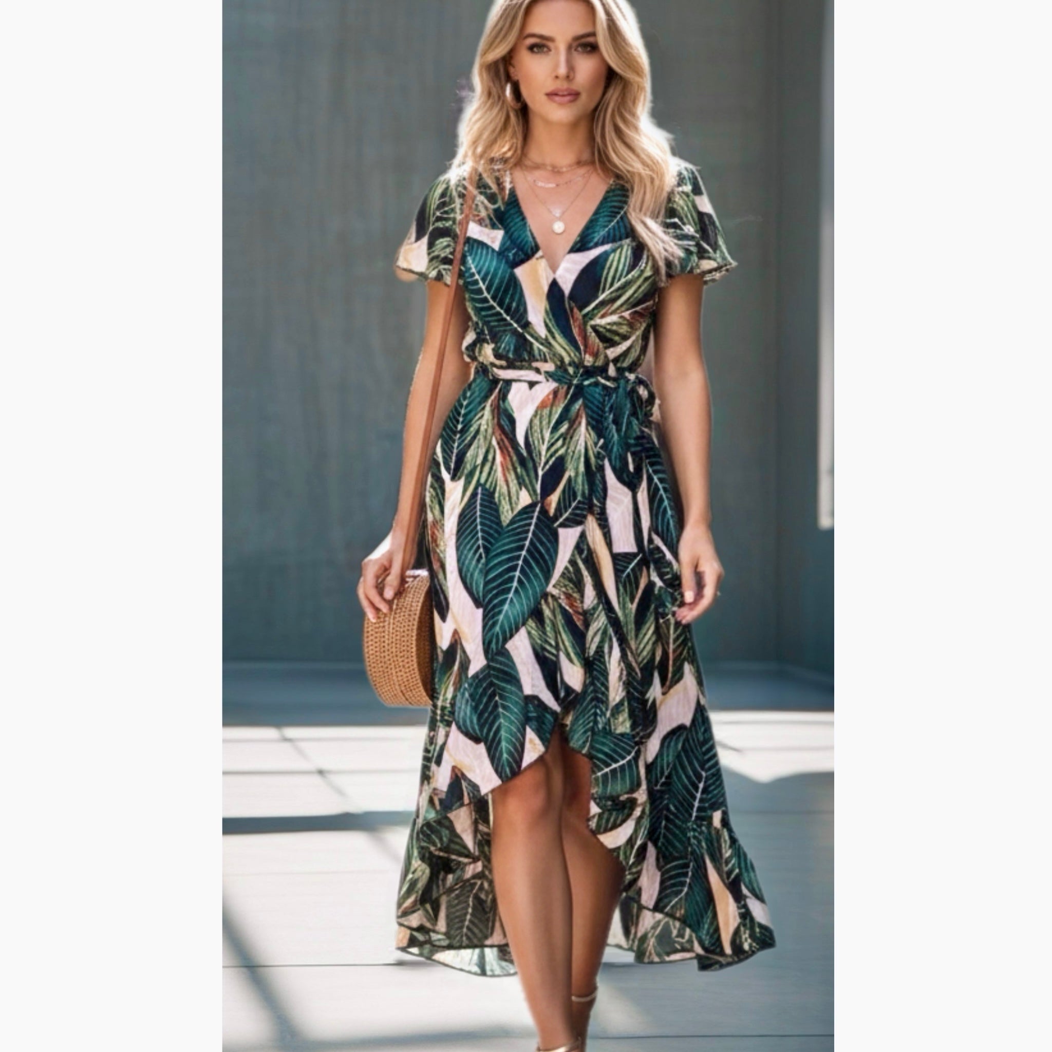 LA SOUL Tropical Leaf Print Faux Wrap Dress Midi Short Sleeve Tie Belt