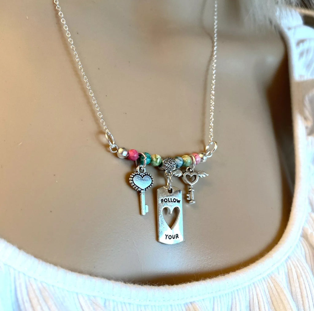 FOLLOW YOUR HEART Gemstone Beaded Silver Plate Chain Bar Charm Necklace 19"