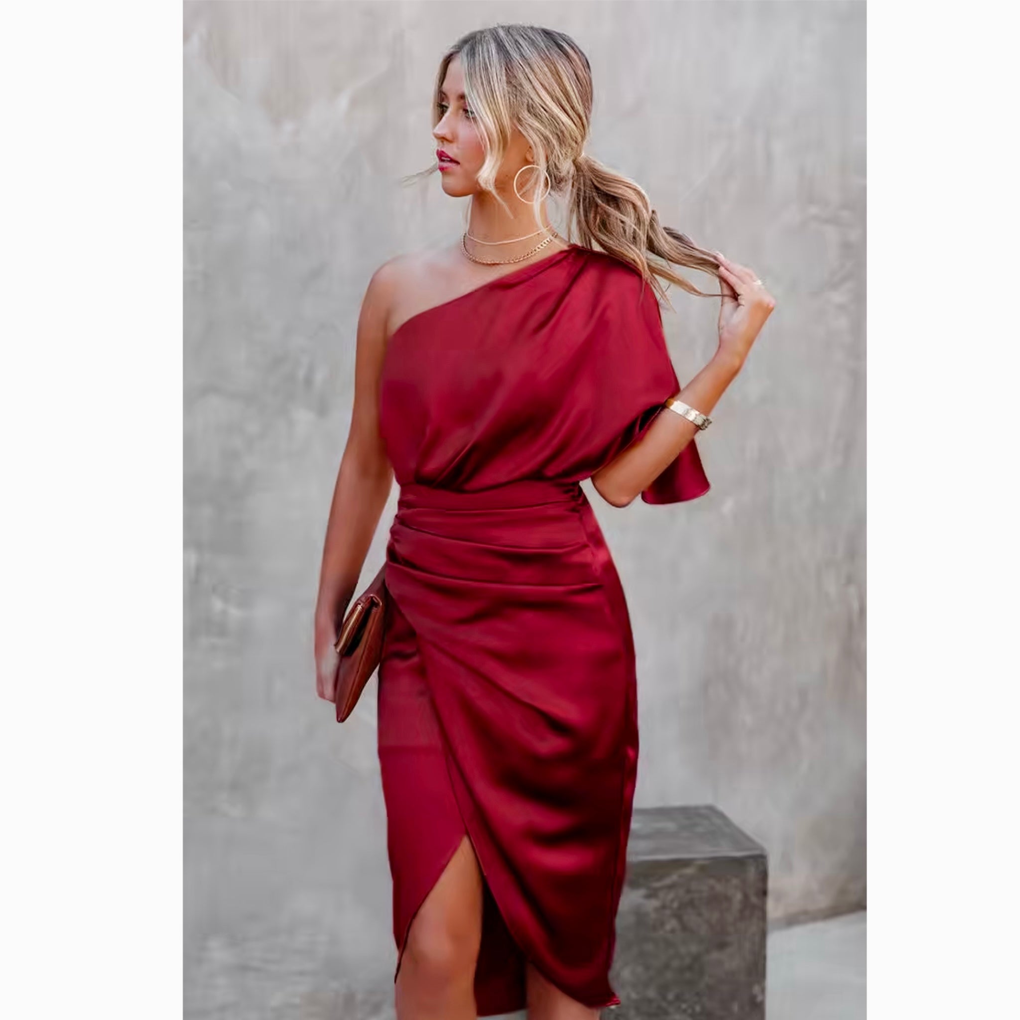 Ramla Wedding Guest Dress Sheath One Shoulder in Burgundy Red