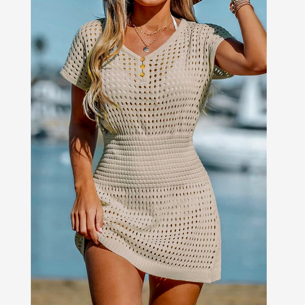 Crochet V Neck Mini Cover Up Beach Resort Dress in Summer Beige