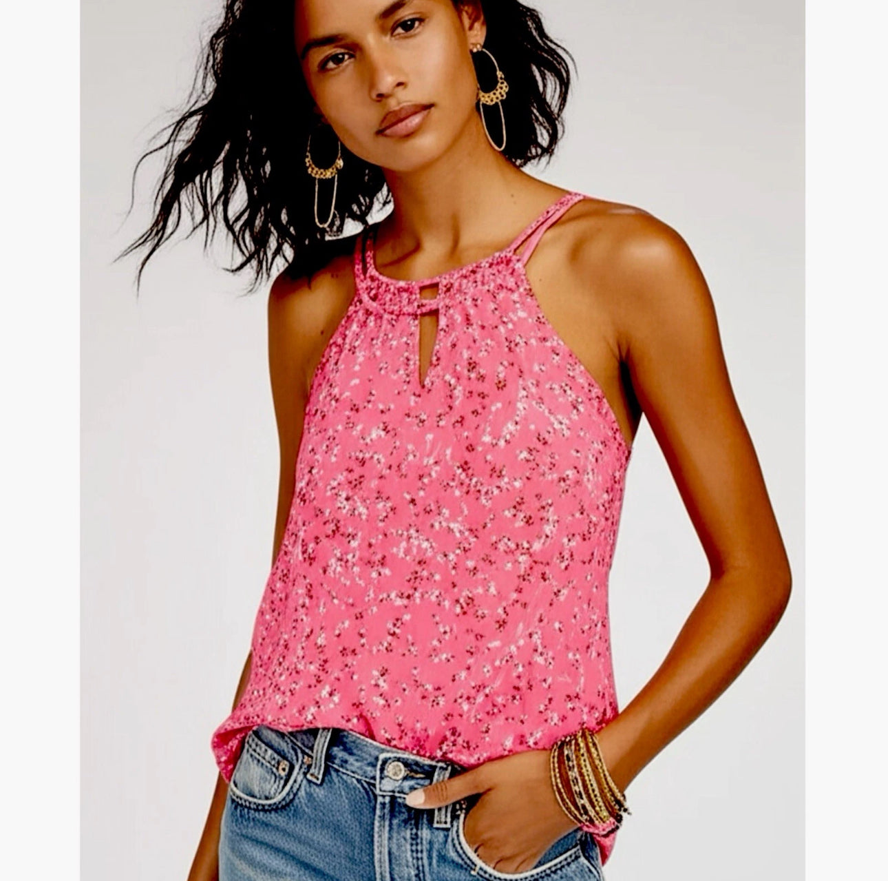 41 HAWTHORN Women’s Cottage Floral Sleeveless Blouse Tank Top in Bright Pink