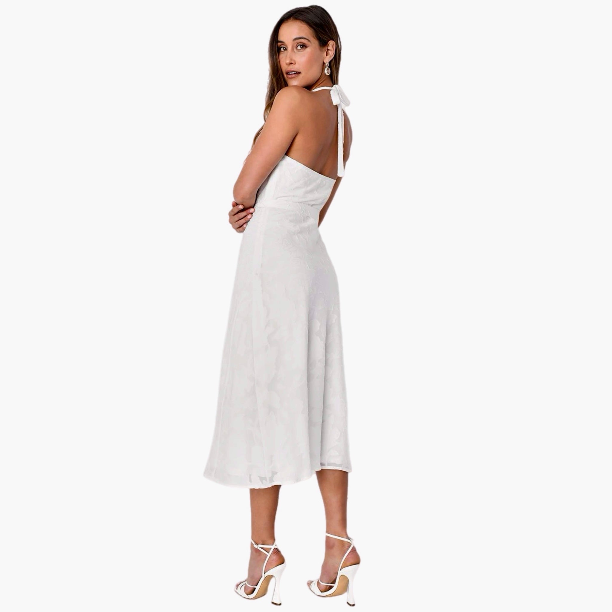 New Lulus Graceful White Floral Jacquard Halter Elegant Midi Dress