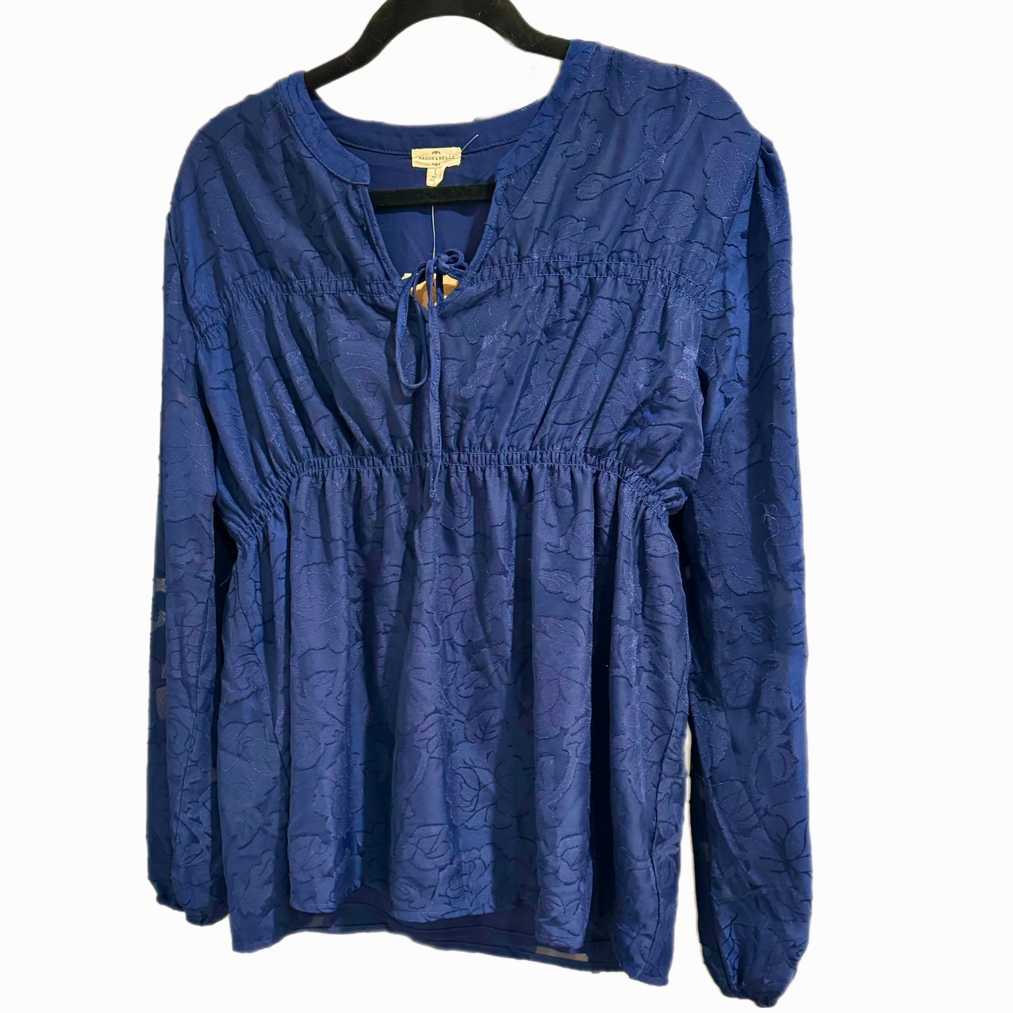 MASON & BELLE Boutique Top Navy Lace Blouse Long Sleeve Cinched Waist