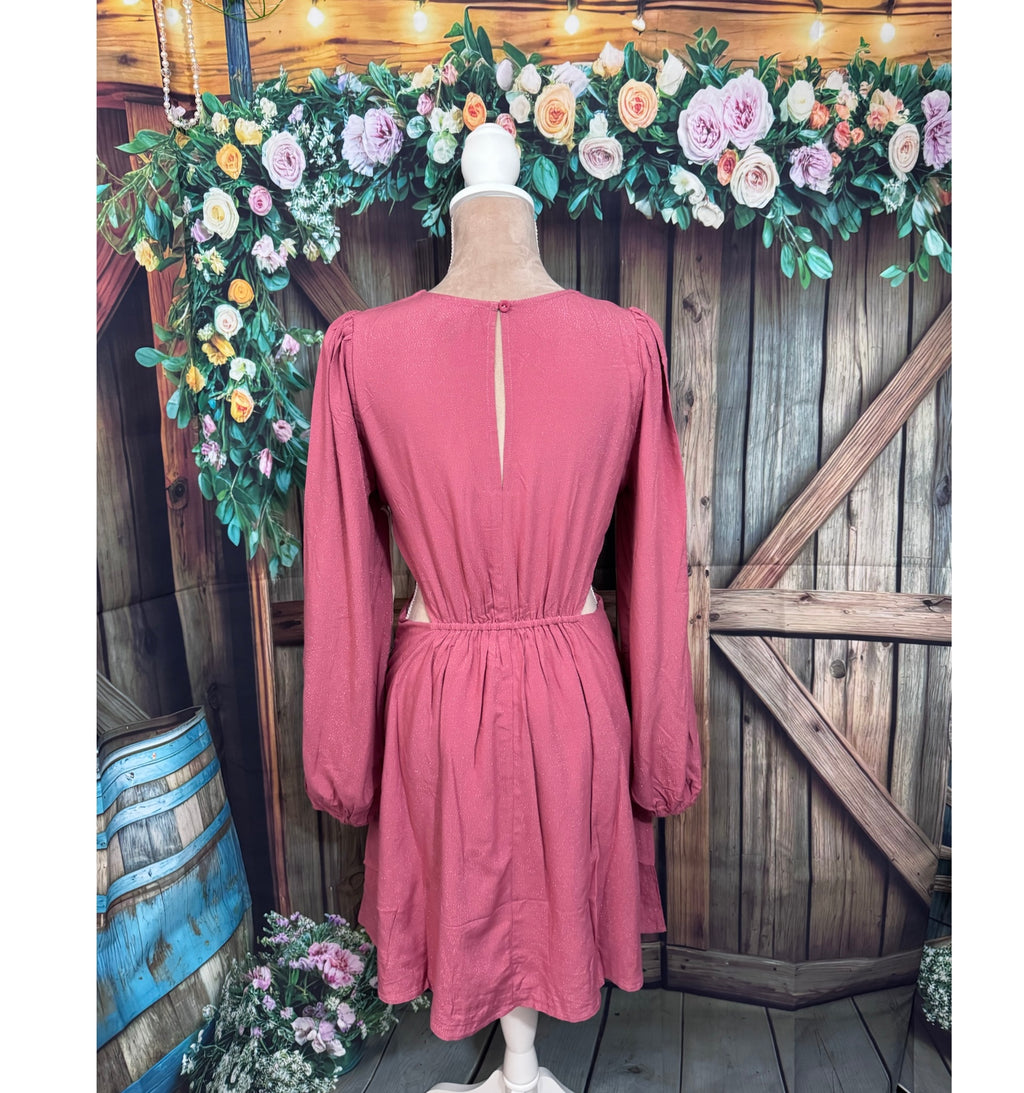 LUMIERE Ring Accent Cut-Out Mini Dress in Rose Sparkle