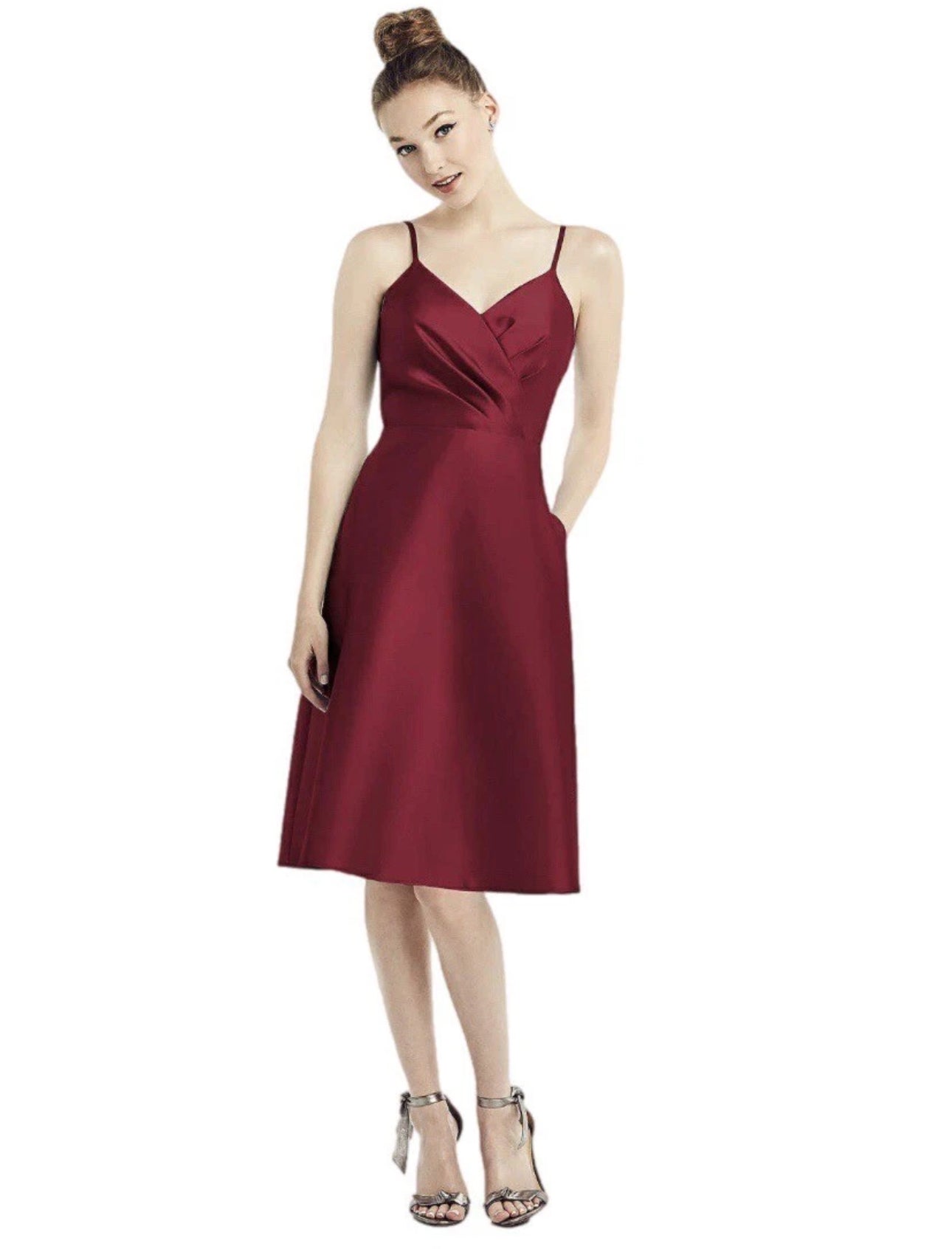ALFRED SUNG Cocktail Dress Burgundy Satin Twill V Neck D777 w/Pockets