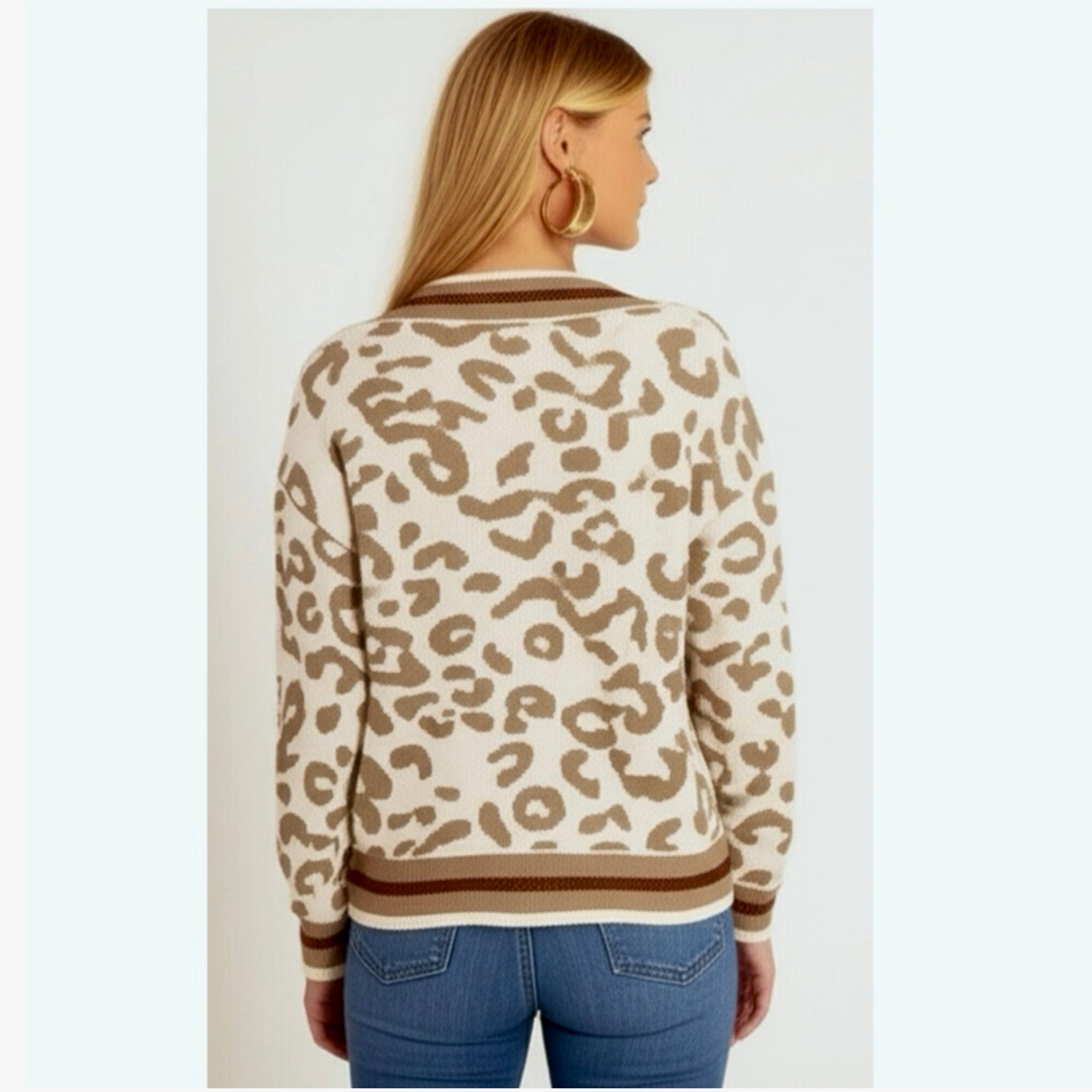 FUNKITRIBE Animal Print Light Knit V Neck Drop Shoulder Winter Sweater Sparkle Accents
