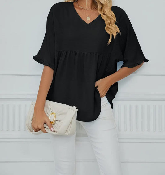 Textured Ruffle Gathered Top Short Sleeve V Neck